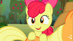 Size: 500x281 | Tagged: safe, derpibooru import, screencap, apple bloom, applejack, earth pony, pony, call of the cutie, adorabloom, animated, apple, apple tree, butt touch, cute, female, filly, freckles, happy, hoof on butt, mare, sweet apple acres, talking, tree