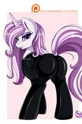 Size: 1878x2850 | Tagged: suggestive, artist:pridark, derpibooru import, fleur-de-lis, pony, unicorn, bodysuit, butt, catsuit, dock, eyeshadow, female, latex, latex suit, looking at you, makeup, mare, patreon, patreon logo, patreon reward, plot, simple background, skintight clothes, solo, solo female, spread legs, spreading, stupid sexy fleur-de-lis, unzipped