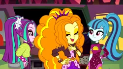 Size: 1912x1080 | Tagged: safe, derpibooru import, screencap, adagio dazzle, aria blaze, sonata dusk, equestria girls, equestria girls series, sunset's backstage pass!, spoiler:eqg series (season 2), bracelet, clothes, dress, female, lidded eyes, minidress, open mouth, outdoors, pigtails, ponytail, raised eyebrow, smiling, spiked wristband, taco dress, the dazzlings, trio, trio female, twintails, wristband