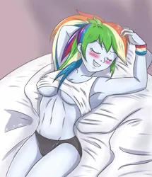 Size: 1771x2055 | Tagged: suggestive, artist:sumin6301, derpibooru import, rainbow dash, human, equestria girls, armpits, blushing, breasts, busty rainbow dash, cleavage, clothes, eyes closed, female, midriff, pants, sexy, smiling, solo, solo female, tanktop, underboob