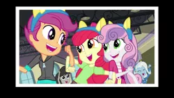 Size: 1920x1080 | Tagged: safe, derpibooru import, screencap, apple bloom, octavia melody, scootaloo, sweetie belle, trixie, equestria girls, friendship games, auditorium, canterlot high, clothes, cute, cutie mark crusaders, end credits, eyes closed, happy, open mouth, right there in front of me, wondercolts