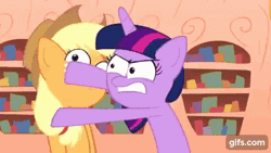 Size: 480x270 | Tagged: safe, artist:piemations, derpibooru import, applejack, twilight sparkle, earth pony, pony, unicorn, abuse, angry, animated, applecrack, duo, female, freckles, gif, gifs.com, golden oaks library, hat, jackabuse, mare, my little doomsday, slapping, unicorn twilight