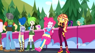 Size: 1280x720 | Tagged: safe, derpibooru import, screencap, fluttershy, garden grove, raspberry lilac, sandalwood, sci-twi, sunset shimmer, twilight sparkle, vinyl scratch, equestria girls, equestria girls series, sunset's backstage pass!, spoiler:eqg series (season 2), background human, backpack, boots, clothes, crossed arms, discovery family logo, geode of telekinesis, hair bun, magical geodes, pants, pantyhose, plaid skirt, rear view, sandals, shoes, skirt, sneakers