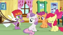 Size: 1280x720 | Tagged: safe, derpibooru import, screencap, angel bunny, apple bloom, scootaloo, spike, sweetie belle, dragon, earth pony, pegasus, pony, rabbit, unicorn, just for sidekicks, animal, blank flank, bow, claws, clubhouse, crusaders clubhouse, cute, cutie mark crusaders, displeased, eyes closed, female, filly, hair bow, measuring cup, open mouth, raised arm, raised eyebrow, slit eyes, spread wings, wings