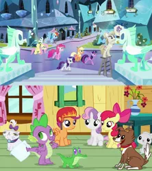 Size: 842x949 | Tagged: safe, derpibooru import, screencap, angel bunny, apple bloom, applejack, fluttershy, gummy, opalescence, pinkie pie, rainbow dash, rarity, scootaloo, spike, sweetie belle, twilight sparkle, winona, alligator, cat, crystal pony, dog, dragon, pony, rabbit, unicorn, games ponies play, just for sidekicks, animal, clubhouse, crusaders clubhouse, crystal empire, cutie mark crusaders, female, filly, flower, helmet, male, mane six, mare, statue, unicorn twilight