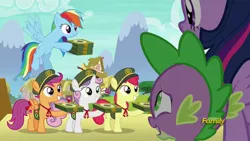Size: 1280x720 | Tagged: safe, derpibooru import, screencap, apple bloom, rainbow dash, scootaloo, spike, sweetie belle, twilight sparkle, twilight sparkle (alicorn), alicorn, dragon, earth pony, pegasus, pony, 28 pranks later, box, cookie, cutie mark crusaders, discovery family logo, female, filly, filly guides, food, girl scout, girl scout uniform, male, mare