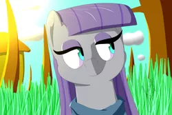 Size: 3000x2000 | Tagged: safe, artist:jimmy draws, derpibooru import, maud pie, earth pony, pony, the maud couple, clothes, cute, female, grass, mare, smiling, solo, tree, when she smiles