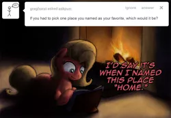 Size: 1156x800 | Tagged: safe, artist:hewison, derpibooru import, oc, oc:pun, earth pony, pony, ask pun, ask, book, female, fireplace, mare, prone, solo