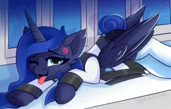 Size: 2200x1400 | Tagged: suggestive, artist:shadowreindeer, derpibooru import, princess luna, alicorn, android, pony, robot, adorasexy, blushing, clothes, cosplay, costume, crossover, cute, detroit: become human, drool, drool string, female, folded wings, jacket, looking at you, lunabetes, mare, one eye closed, open mouth, rk900, salivating, sexy, side, socks, solo, solo female, thigh highs, tongue out, wings
