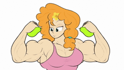 Size: 1920x1080 | Tagged: safe, artist:calm wind, artist:matchstickman, derpibooru import, edit, editor:badude, pear butter, earth pony, human, pony, abs, animated, armpits, biceps, breasts, busty pear butter, clothes, deltoids, dialogue, female, fetish, flexing, food, frame by frame, fruit, grin, humanized, looking at you, mare, muscle fetish, muscles, muscular female, one eye closed, pear, pear buffer, pecs, shirt, simple background, sleeveless, sleeveless shirt, smiling, solo, sound, talking to viewer, triceps, vein bulge, webm, white background, wink