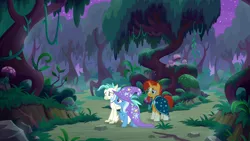 Size: 1920x1080 | Tagged: safe, derpibooru import, screencap, sunburst, terramar, trixie, classical hippogriff, hippogriff, pony, unicorn, student counsel, cape, clothes, everfree forest, female, forest, hat, male, mare, stallion, tree, wizard hat