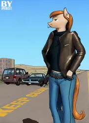 Size: 1958x2699 | Tagged: anthro, anthro oc, artist:apocheck13, car, cigarette, clothes, derpibooru import, desert, dodge charger, female, jacket, jeans, leather jacket, oc, pants, road, safe, smoking, solo, unofficial characters only