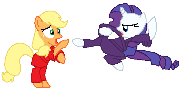 Size: 613x311 | Tagged: safe, artist:author92, derpibooru import, applejack, rarity, earth pony, pony, unicorn, gi, hatless, kick, martial artist rarity, martial arts, missing accessory