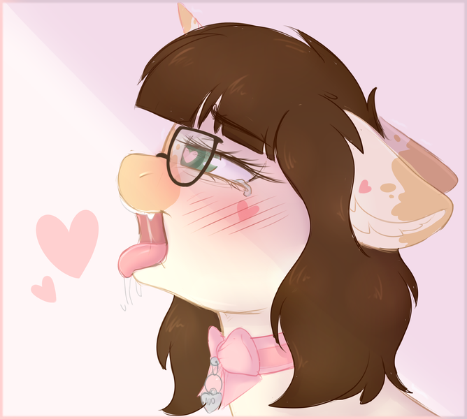 Size: 2420x2173 | Tagged: suggestive, artist:php85, derpibooru import, oc, oc:adostume, unofficial characters only, pony, unicorn, adorasexy, ahegao, big ears, collar, cute, fluffy hair, glasses, open mouth, pet tag, salivating, sexy, simple shading, teary eyes, tongue out