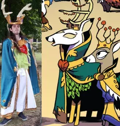 Size: 3648x3856 | Tagged: antlers, artist:andypriceart, artist:crainn, clothes, comic, comparison, cosplay, costume, cropped, deer, derpibooru import, dress, galacon, galacon 2019, human, humanized, idw, irl, irl human, king aspen, photo, safe, solo, spoiler:comic, spoiler:comic61