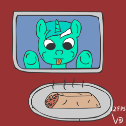 Size: 800x800 | Tagged: safe, artist:vohd, derpibooru import, lyra heartstrings, pony, unicorn, animated, burrito, food, frame by frame, microwave, nuzzling, simple background, solo, tongue out, underhoof, you spin me right round