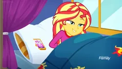 Size: 1366x768 | Tagged: safe, derpibooru import, screencap, sunset shimmer, equestria girls, equestria girls series, sunset's backstage pass!, spoiler:eqg series (season 2), bed, curtain, discovery family logo, happy, phone, pillow, sleeping, tired, window