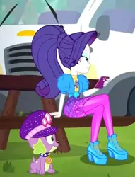 Size: 412x540 | Tagged: safe, derpibooru import, screencap, rarity, spike, spike the regular dog, dog, equestria girls, equestria girls series, sunset's backstage pass!, spoiler:eqg series (season 2), clothes, crossed legs, female, hat, high heels, legs, male, mobile phone, paws, phone, picnic table, rv, shoes, smartphone, spike's dog collar, spike's festival hat, table