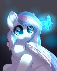 Size: 2000x2500 | Tagged: safe, artist:alphadesu, derpibooru import, oc, oc:contrail skies, unofficial characters only, butterfly, pegasus, pony, chest fluff, female, looking at something, mare, solo