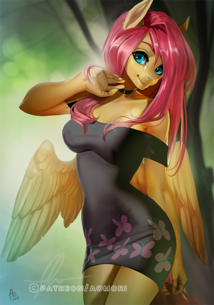 Size: 666x950 | Tagged: safe, artist:aonikaart, derpibooru import, fluttershy, anthro, bat pony, pegasus, adorasexy, beautiful, beautisexy, breasts, busty fluttershy, choker, clothes, cute, digital art, dress, drooping wings, female, flutterbat, looking at you, mare, nightgown, patreon, patreon reward, race swap, sexy, shoulderless, shyabetes, signature, smiling, solo, spread wings, wings