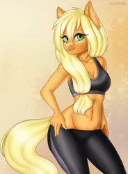 Size: 2820x3830 | Tagged: suggestive, artist:yutakira92, derpibooru import, applejack, anthro, earth pony, belly button, breasts, cleavage, clothes, female, gym uniform, mare, midriff, pants, shorts, solo, solo female, sports bra, sports shorts, yoga pants