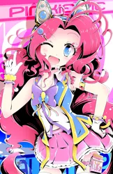 Size: 792x1224 | Tagged: anime, artist:banzatou, blushing, clothes, cute, derpibooru import, diapinkes, female, hand on hip, human, humanized, looking at you, one eye closed, open mouth, pinkie pie, safe, smiling, solo, wink