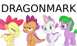 Size: 1500x900 | Tagged: safe, artist:blackwidower, derpibooru import, apple bloom, scootaloo, spike, sweetie belle, ponified, dragon, pony, alternate universe, angry, colt, cutie mark crusaders, dragon bloom, dragoness, dragonified, facepalm, fanfic art, female, grin, male, my little dragon, ponified spike, recolor, scootadragon, simple background, smiling, species swap, sweetie dragon, text, white background, wings