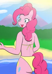 Size: 595x842 | Tagged: anthro, artist:afhybrid, beach, bikini, breasts, busty pinkie pie, clothes, derpibooru import, female, pinkie pie, safe, solo, swimsuit, yellow swimsuit