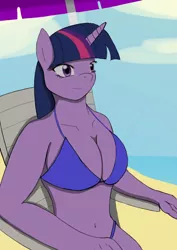 Size: 595x842 | Tagged: anthro, artist:afhybrid, beach, beach chair, beach umbrella, belly button, bikini, breasts, busty twilight sparkle, cleavage, clothes, derpibooru import, female, safe, sitting, smiling, solo, swimsuit, twilight sparkle