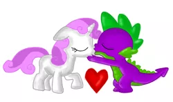 Size: 960x567 | Tagged: safe, artist:bugg0warrior, derpibooru import, spike, sweetie belle, dragon, pony, unicorn, cute, eyes closed, female, filly, heart, interspecies, kiss on the lips, kissing, male, raised hoof, shipping, simple background, spikebelle, straight, white background