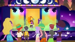 Size: 1366x768 | Tagged: safe, derpibooru import, screencap, adagio dazzle, aria blaze, duke suave, hunter hedge, lemon zack, microchips, sandy cerise, snow flower, sonata dusk, space camp (character), equestria girls, equestria girls series, sunset's backstage pass!, spoiler:eqg series (season 2), background human, background human audience, crowd, discovery family logo, green smoke, moon, smoke, sneer, spotlight, stage, the dazzlings