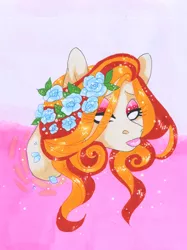 Size: 2171x2898 | Tagged: safe, artist:frozensoulpony, derpibooru import, oc, oc:little lady, pony, bust, female, flower, flower in hair, mare, offspring, parent:applejack, parent:flim, parents:flimjack, portrait, solo, traditional art