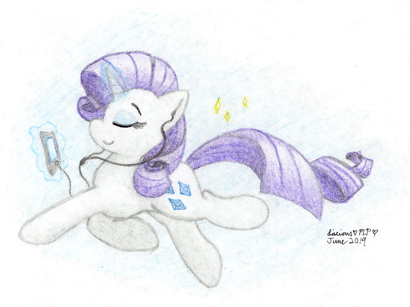 Size: 3412x2558 | Tagged: safe, artist:kirbyliscious, derpibooru import, rarity, pony, unicorn, atg 2019, colored pencil drawing, earbuds, eyes closed, female, levitation, magic, mare, mobile phone, newbie artist training grounds, phone, simple background, solo, telekinesis, traditional art, white background