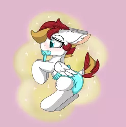 Size: 1000x1007 | Tagged: safe, artist:cuddlelamb, derpibooru import, oc, oc:cuddlelamb, pegasus, pony, age regression, baby, baby pony, blushing, colt, diaper, dock, foal, magic, male, pacifier, solo, speech bubble