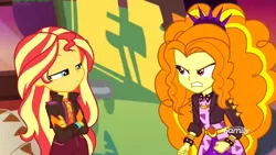 Size: 1366x768 | Tagged: safe, derpibooru import, screencap, adagio dazzle, sunset shimmer, equestria girls, equestria girls series, sunset's backstage pass!, spoiler:eqg series (season 2), angry, contempt, discovery family logo, music festival outfit