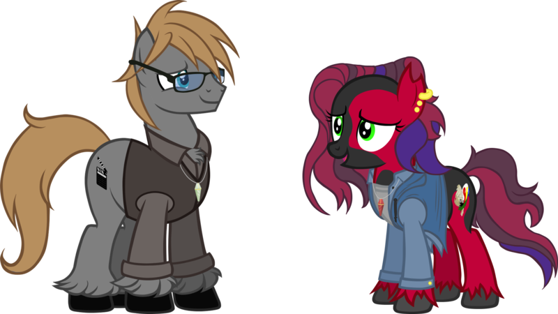 Size: 2000x1125 | Tagged: safe, artist:theeditormlp, derpibooru import, oc, oc:crimson glow, oc:the editor, unofficial characters only, earth pony, pony, clothes, female, glasses, jacket, male, mare, simple background, stallion, sweater vest, transparent background, vector