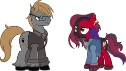 Size: 2000x1125 | Tagged: safe, artist:theeditormlp, derpibooru import, oc, oc:crimson glow, oc:the editor, unofficial characters only, earth pony, pony, clothes, female, glasses, jacket, male, mare, simple background, stallion, sweater vest, transparent background, vector