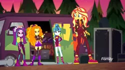 Size: 1366x768 | Tagged: safe, derpibooru import, screencap, adagio dazzle, aria blaze, sonata dusk, sunset shimmer, equestria girls, equestria girls series, sunset's backstage pass!, spoiler:eqg series (season 2), discovery family logo, female, geode of empathy, magical geodes, music festival outfit, the dazzlings, van