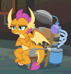 Size: 400x418 | Tagged: a horse shoe-in, animated, asking, claws, cropped, crossed arms, crossed legs, derpibooru import, disappointed, dragon, dragoness, edit, edited screencap, fangs, female, frown, gif, glare, hand on chin, horns, invention, laboratory, pouting, raised eyebrow, safe, screencap, shrug, smolder, smolder is not amused, solo, spread wings, teenaged dragon, teenager, toes, unamused, wings