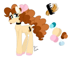 Size: 2048x1536 | Tagged: safe, artist:summer-cascades, derpibooru import, oc, oc:caramel, earth pony, pony, bow, collar, digital art, ear piercing, female, mare, next generation, nextgen:summerverse, offspring, parent:cheese sandwich, parent:pinkie pie, parents:cheesepie, piercing, reference sheet, simple background, solo, transparent background