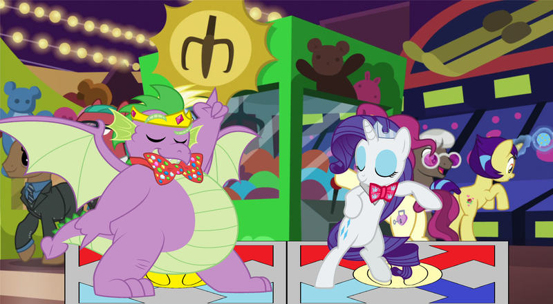 Size: 7664x4216 | Tagged: safe, artist:aleximusprime, artist:disneymarvel96, artist:luckreza8, derpibooru import, colton john, levon song, lock heart, rarity, rosy pearl, spike, dragon, pony, unicorn, arcade, background pony, bowtie, crown, dancing, disco dance, fat, fat spike, female, jewelry, las pegasus resident, male, mare, older, older spike, prince, princess, pump it up, regalia, rhythm game, shipping, sparity, straight, tiara, winged spike