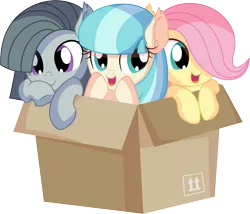 Size: 7869x6727 | Tagged: safe, artist:cyanlightning, derpibooru import, coco pommel, fluttershy, marble pie, earth pony, pegasus, pony, .svg available, absurd resolution, blushing, box, chest fluff, cocobetes, cute, ear fluff, female, filly, marblebetes, open mouth, pony in a box, shyabetes, simple background, sitting, the council of shy ponies, transparent background, trio, trio female, vector, weapons-grade cute, younger