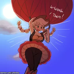 Size: 750x750 | Tagged: suggestive, artist:lumineko, derpibooru import, applejack, equestria girls, boots, braided pigtails, breasts, busty applejack, clothes, commission, country applejack, cowboy hat, dress, dress lift, female, hat, pantyhose, parachute, paraskirt, pigtails, shoes, skirt, skirt lift, sky, skydiving, solo, solo female, stetson, twintails, upskirt