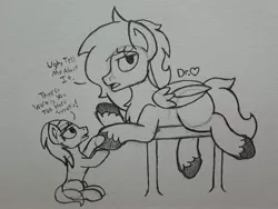 Size: 2576x1932 | Tagged: safe, artist:drheartdoodles, derpibooru import, lotus blossom, oc, oc:dr.heart, clydesdale, pegasus, pony, holding hooves, size difference, spa, table, traditional art