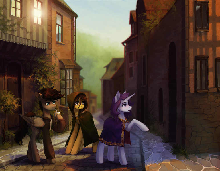 Size: 4057x3154 | Tagged: safe, artist:koviry, derpibooru import, oc, oc:arcane flux, oc:copper crystal, oc:dusklight, unofficial characters only, pegasus, pony, unicorn, cloak, clothes, commission, male, open mouth, raised hoof, scenery, stallion, town