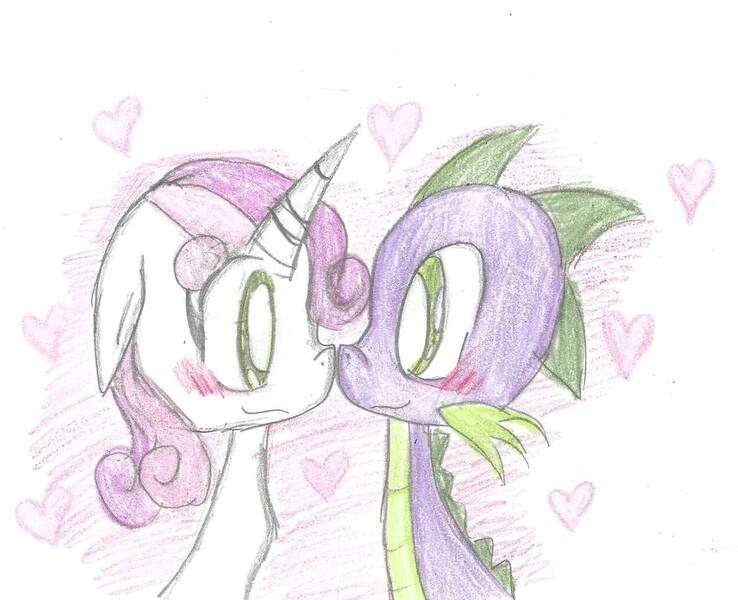 Size: 992x806 | Tagged: safe, artist:eeveelutionlova, derpibooru import, spike, sweetie belle, dragon, pony, unicorn, blushing, boop, cute, daaaaaaaaaaaw, female, heart, looking at each other, male, noseboop, shipping, spikebelle, straight, traditional art