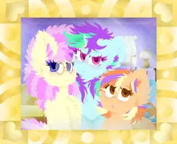 Size: 1228x1000 | Tagged: safe, artist:vanillaswirl6, derpibooru import, oc, oc:pleasant plume, oc:scented candle, oc:vanilla swirl, unofficial characters only, pony, female, fluffy, glasses, hair accessory, photo frame, siblings, sisters, younger