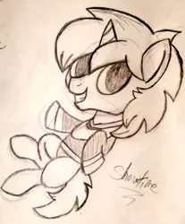 Size: 847x1024 | Tagged: safe, artist:showtimeandcoal, derpibooru import, oc, unofficial characters only, pony, unicorn, black and white, clothes, giveaway, grayscale, male, monochrome, pencil, ponysona, sketch, solo, stallion, traditional art