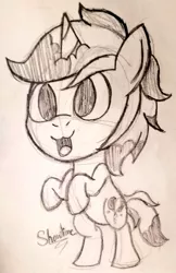 Size: 663x1024 | Tagged: safe, artist:showtimeandcoal, derpibooru import, oc, unofficial characters only, pony, unicorn, art giveaway, black and white, chibi, cute, giveaway, grayscale, monochrome, pencil, ponysona, sketch, solo, traditional art