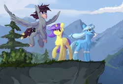 Size: 3507x2379 | Tagged: safe, artist:baldmoose, derpibooru import, oc, oc:glace, oc:luxor, oc:tulipan, unofficial characters only, classical hippogriff, hippogriff, unicorn, digital art, luxorian trio, mountain